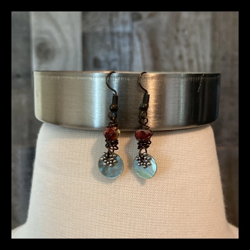 Handcrafted abalone shell dangle earrings beaded festival boho vacation jewelry